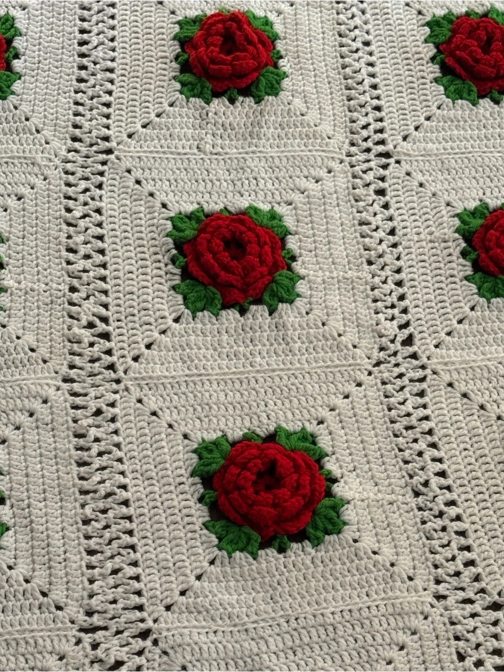 Handmade Cream Crochet Throw with Red Rose Appliqués - Brand
